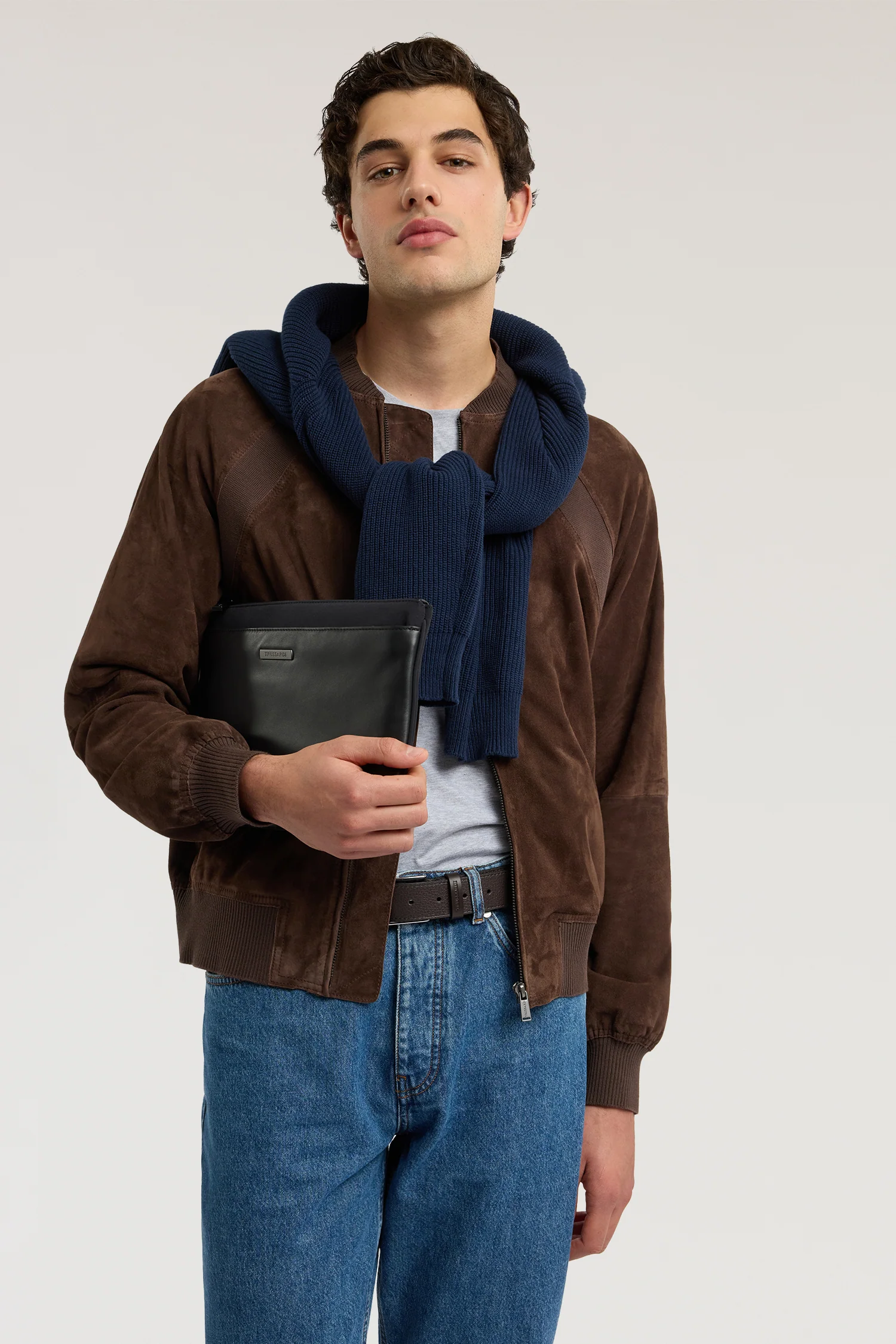 Suede bomber jacket with knit details - Image 4